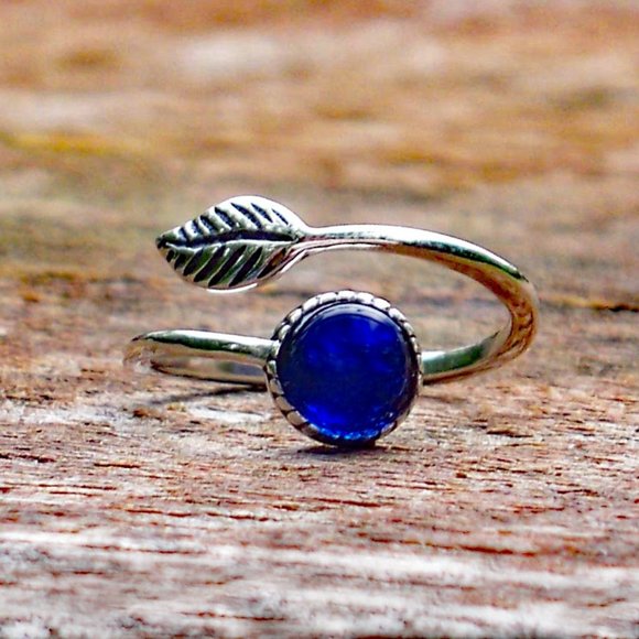 Recycled Vintage Cobalt Noxzema Jar Sterling Silver Botanical Leaf Ring - Picture 3 of 6